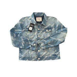 NWT‎ True Religion Women Light Wash Blue Allover Logo Trucker Jacket Sz Large